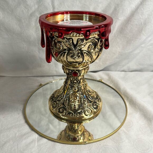 New BBW Metal Scull Chalice Bloody Red Gem 3 Wick Candle Holder Halloween